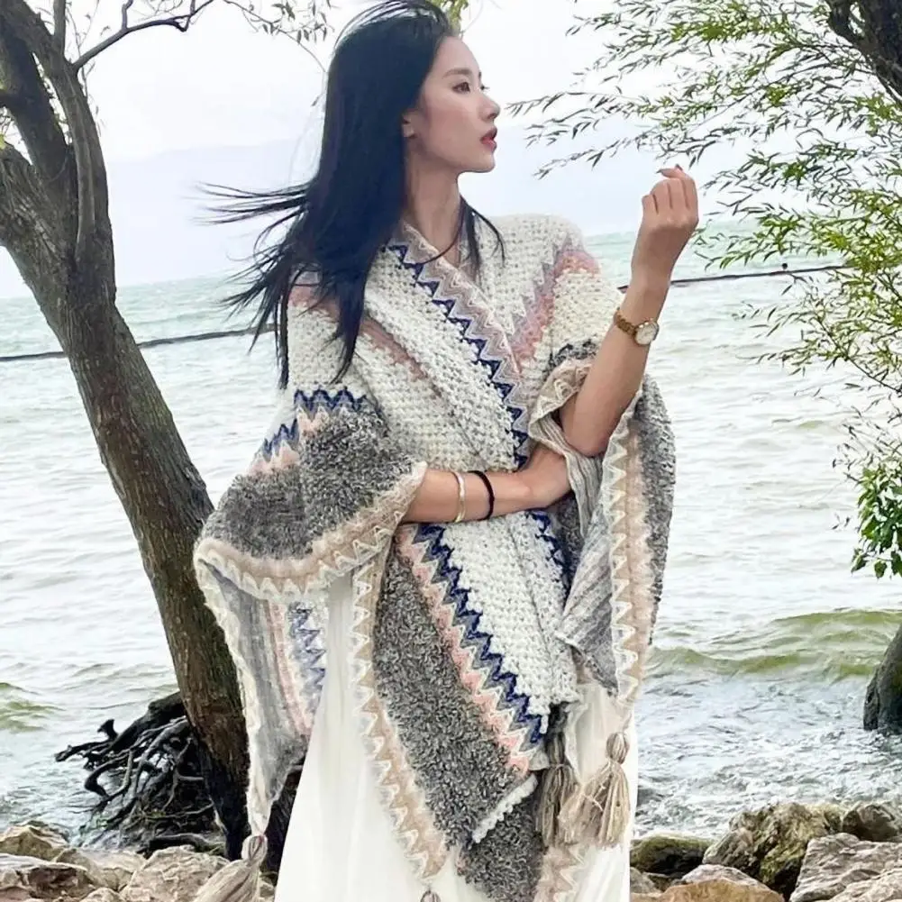 Boho Vacation Shawl With Fringes Ethnic Style Patchwork Color Women Scarf Holiday Colorful Striped Shawl For Autumn Winter