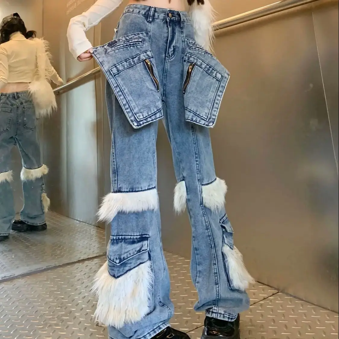 

Mild-Cut Denim Workwear Floor-Length Pants Women Furry Splicing Spring Autumn Retro Fashion Versatile High Street Slimming