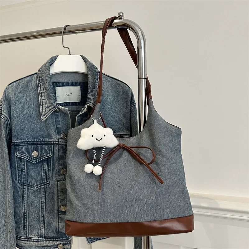 Fashion denim splicing large capacity handbag tote bag