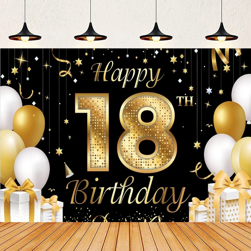 Фон для фотосъемки черный и золотой счастливый 18-летний 18-й день рождения украшение фон баннер плакат