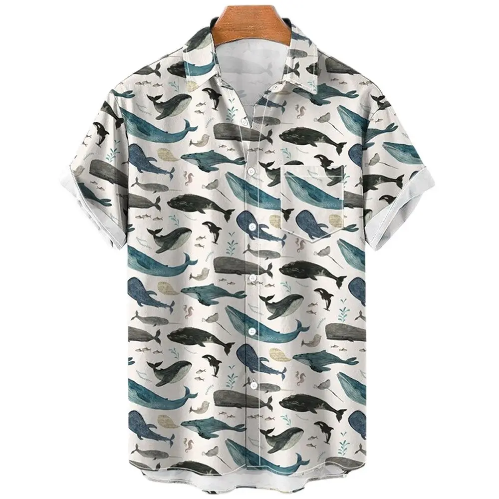 2026 Summer Men's Shirt Ocean Animal Seahorse Fish Loose Hawaiian Casual Short Sleeve Top