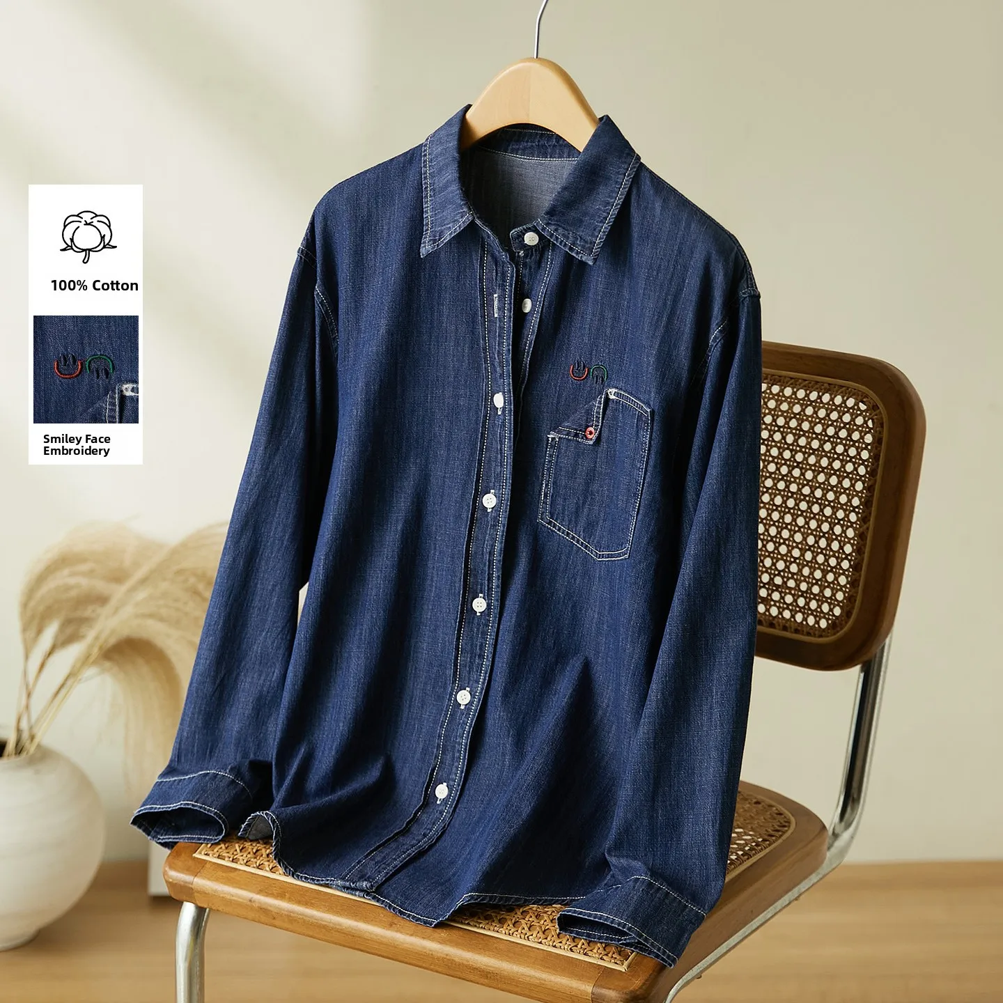 

Pure Cotton Denim Long Sve irt Women's Autumn New Sle Retro Versatile Cartoon Heart ket Embroidery Top