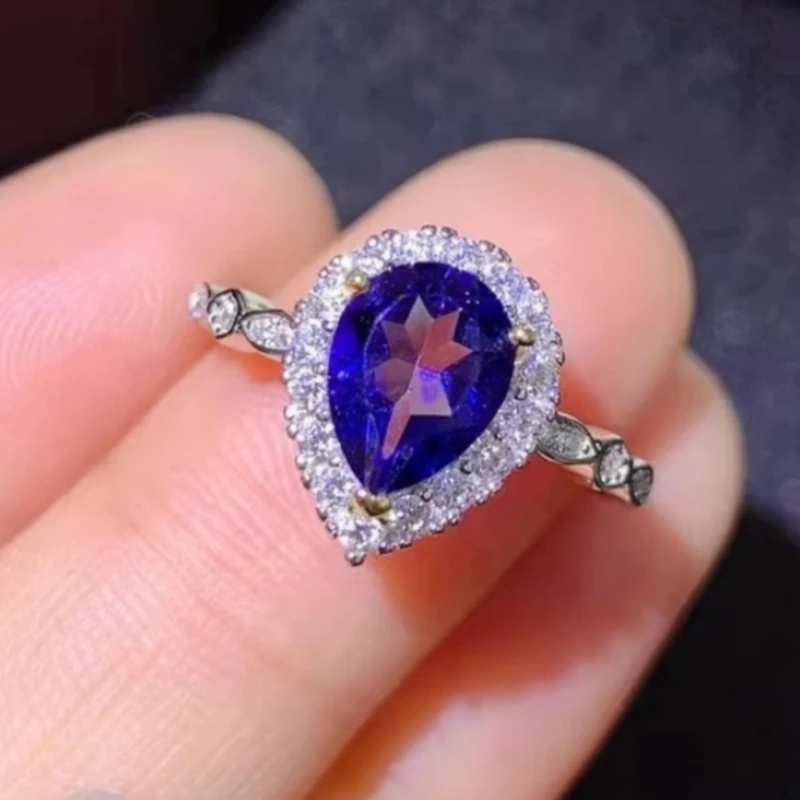 925 Pure Silver Chinese Style Natural Sapphire Women's Luxury Elegant Water Drop Adjustable Gem Ring Fine Jewelry Support Detect