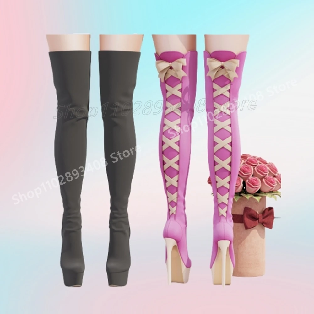 Pink Sweet Back Cross Tied Over the Knee Boots Platform Butterfly Knot Stiletto High Heel Fashion Women Shoes 2025 Para Mujere