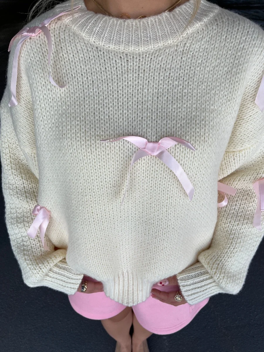 Maglione dolce con fiocco rosa Y2K maglieria per Cottage top in autunno e inverno pullover a maniche lunghe con scollo tondo allentato elegante da