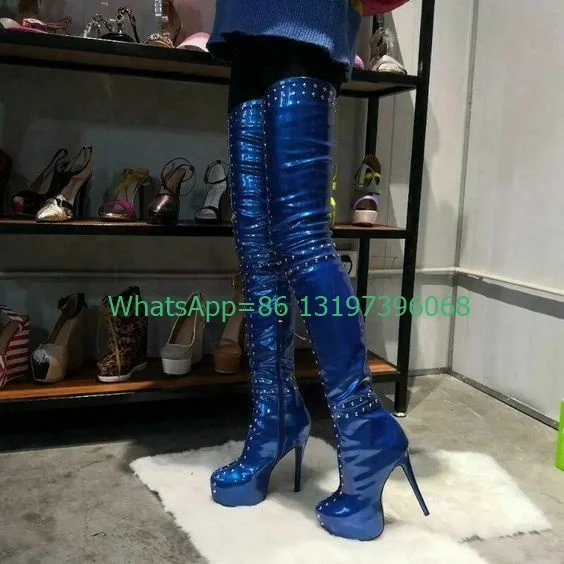 Lady studed mirror vintage red color thigh boots platform stiletto heel metal design studed spiked boots size 35-46 footwear