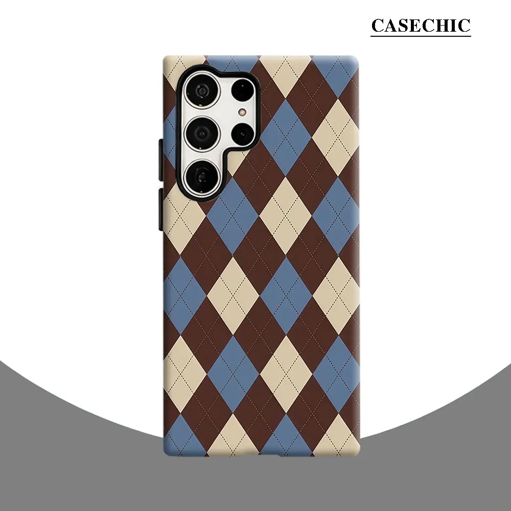 Vintage diamond plaid Phone Case for Samsung Galaxy S26 S25 Ultra S24 S23 Ultra Plus Shockproof Double layer tough Back Cover