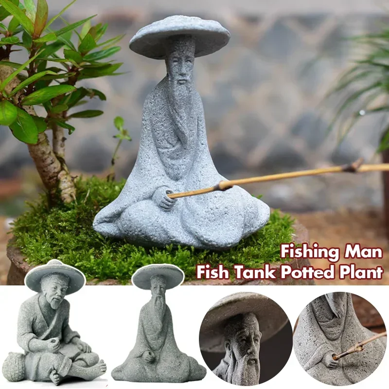 

1pc Sitting Old Man Fish Tank Ornament Fishing Figurine Home Garden Table Decor ini Fisherman Statue Asian Zen Decoration