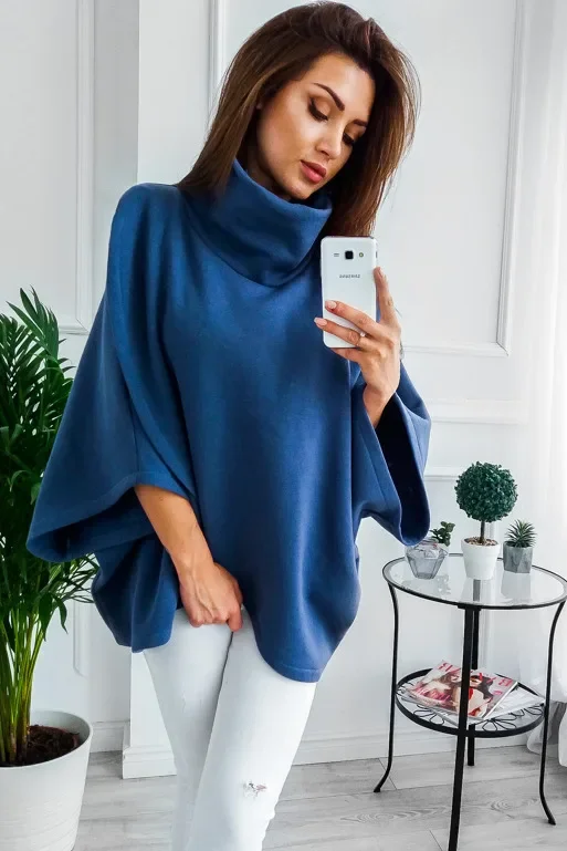 Autumn Winter Thick Warm Sweatshirt Fleece Cloak Bat Sleeved High-necked Sweater Top Cape Tops Chic 2023 Wholesale Drop Shipping