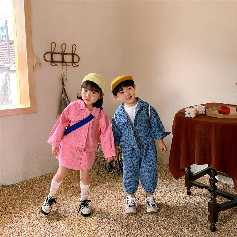 Autumn Spring Baby Boys Girls Denim Suits Brother Sister Matching Outfits Fashion Print Wearing