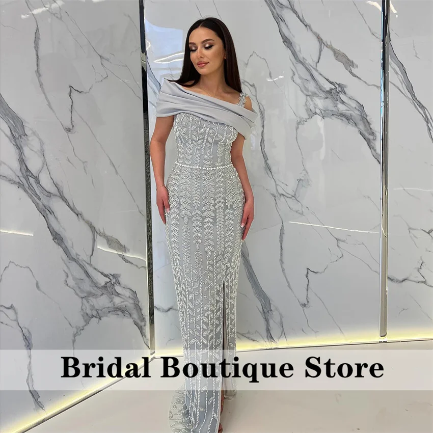 

Silver Grey Dubai Prom Dresses 2025 Crystals Gems Beading Birthday Party Dress Wedding Party Gown ماكسي اللباس Customized