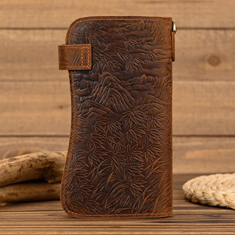 Newsbirds luxury brand designer men leather wallet 3D Tiger Dragon embossing cowhide men\'s wallet with iron chain high fashion