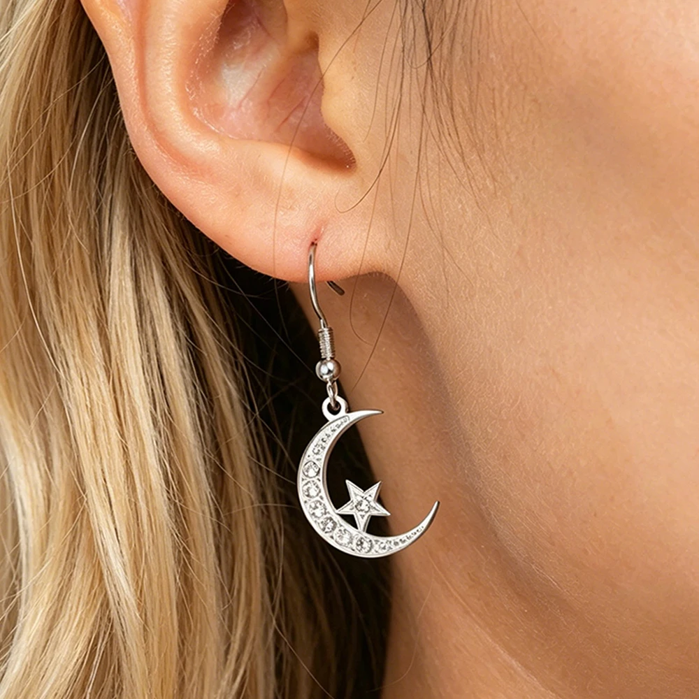 Moon Star Celestial Drop Earrings for Women  Sparkling Zircon Stainless Steel Dangle Earrings Elegant Fashion Jewelry Gift