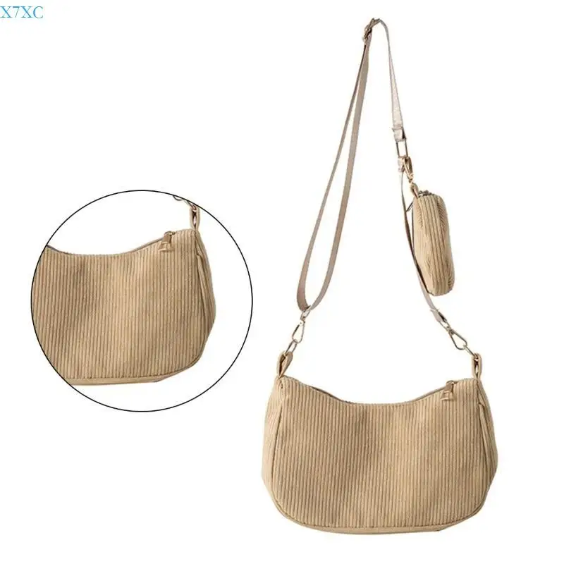 

X7XC Fashionable Solid Color Corduroy Crossbody Bag with Coin Purse for Work Party