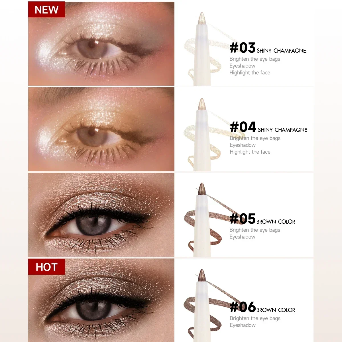 Evidenziatore in stick bianco abbagliante da 1 pezzo - Matita ombretto scintillante impermeabile per occhi luminosi, radianti, trucco per occhi