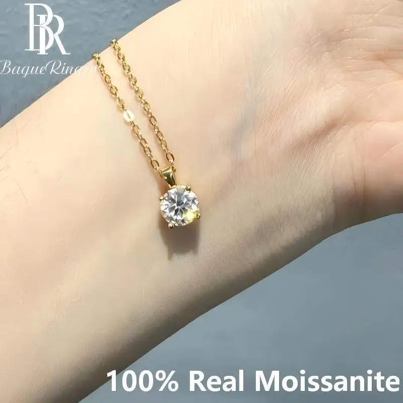 BR Classic 4-Prong 1ct Moissanite Pendant Necklace 925 Sterling Silver Gold Plated Solitaire Clavicle Chain Women Jewelry Gift