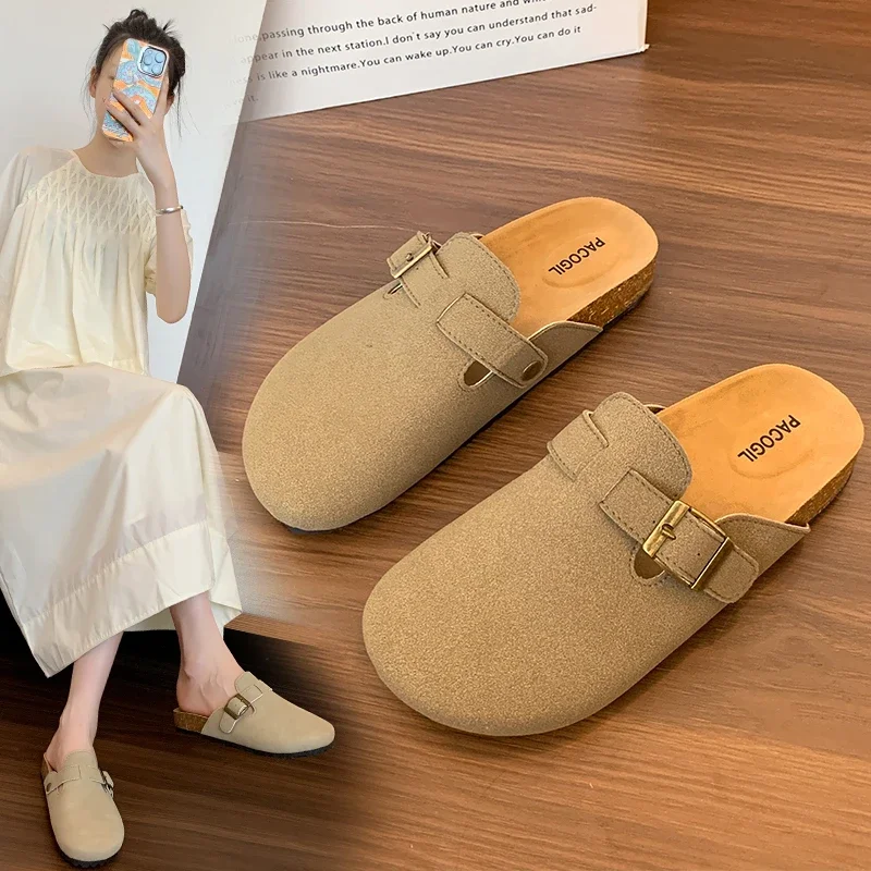 Comwarm Fashion Women's Suede Mules Slippers Men Clogs Cork Insole Sandals With Arch Support Outdoor Beach Slides Home Shoes