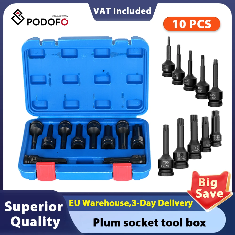 Podofo 10 pièces Torx Hex Sping Star Bits douilles ensemble 1/2 pouces T20-T80 écrous de puissance IMPACT jeu d'écrous avec mallette de rangement pour la réparation