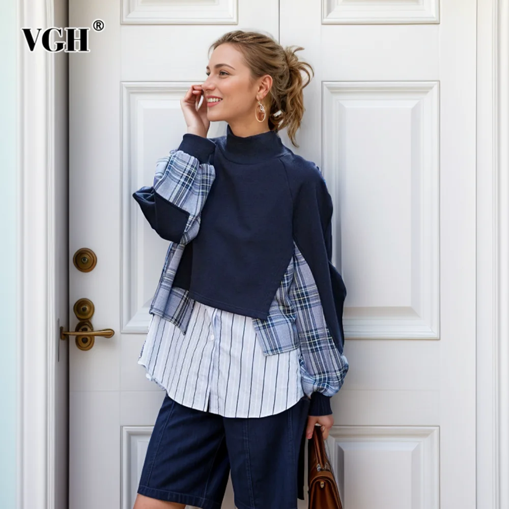 VGH Hit Color Casual Irregular Sweatshirts For Women Turtleneck Long Sleeve Spliced Button Minimalist Loose Sweatshirt Female