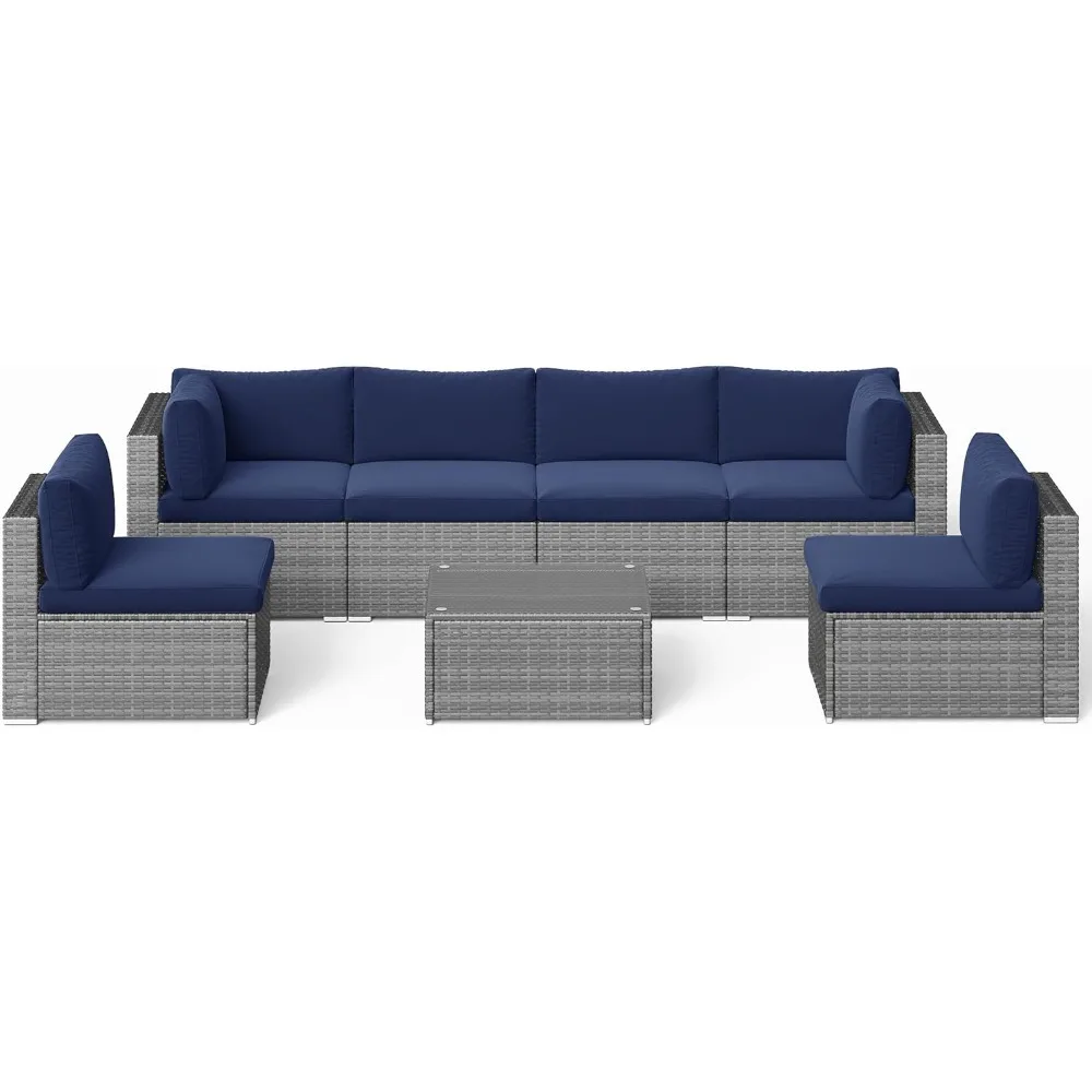 7 Piece Patio Furniture Sets All Weather Grey PE Wicker Couch Sofa with Glass Table, Removable Navy Blue Cushions