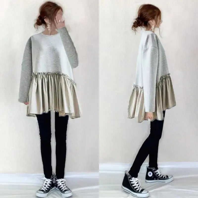 

2025 New Irregular Hem Sweatshirt Patchwork Loose Long Sleeve Pullover T-shirt 3 Colors