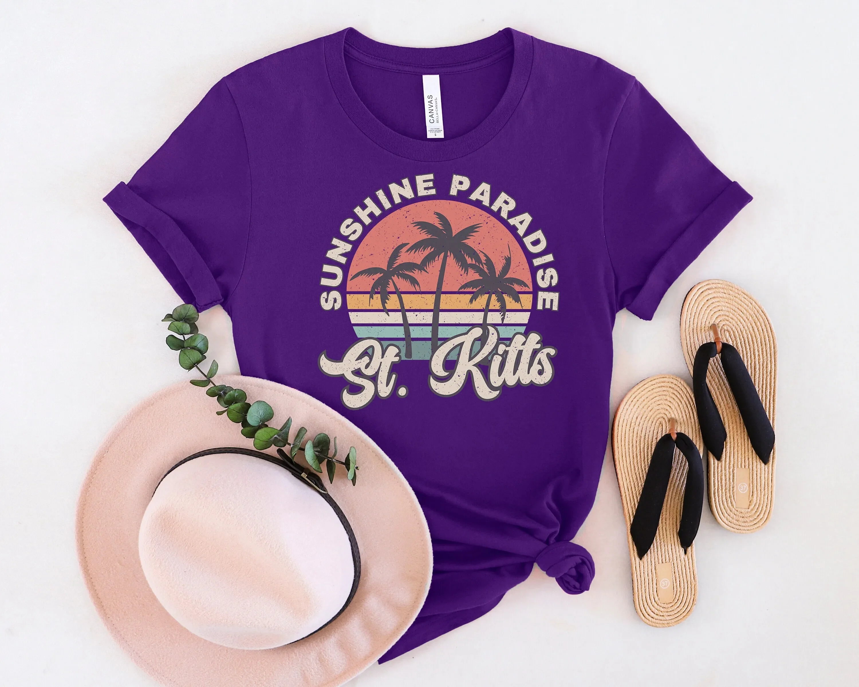 St Kitts T Shirt Nevis Souvenir Palm Tree Retro Sunset Matching Family Group Travel
