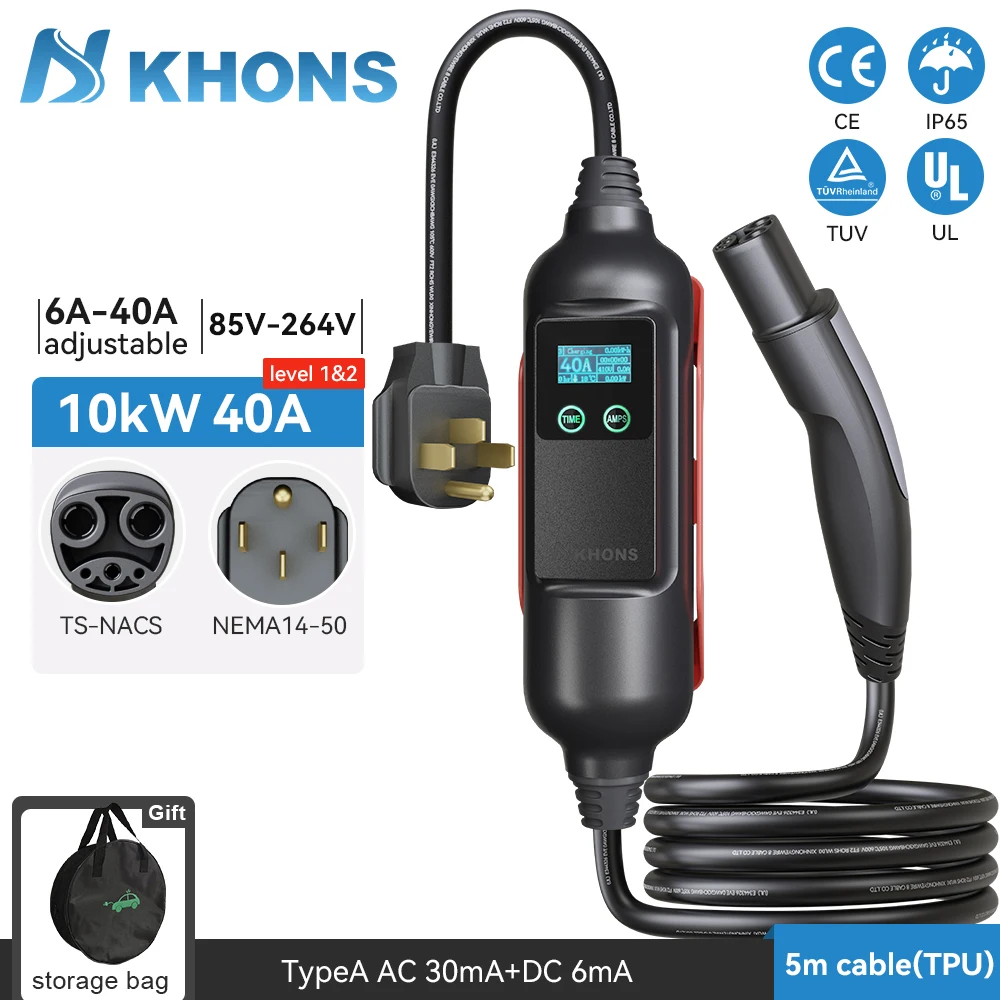 Khons Tesla NACS EV Przenośna ładowarka 40A 10KW Level2 Wtyczka NEMA14-50 do modeli Tesla 3/Y/S/X Kabel TPU 16FT