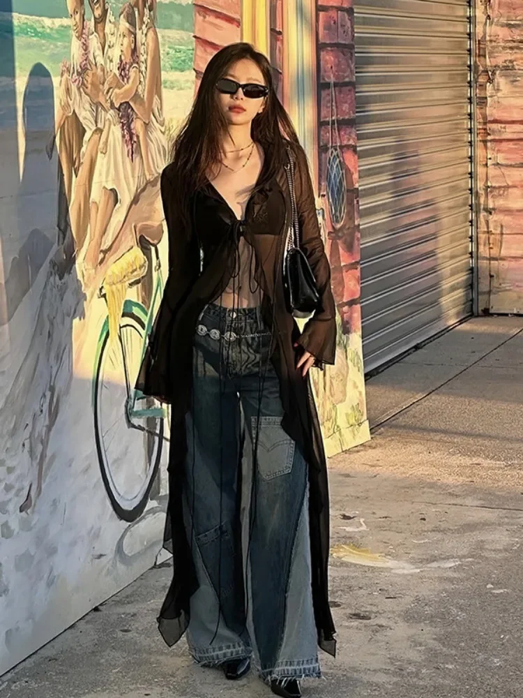 Vintage Black See Through Long Cardigan Slim V Neck Streetwear Sexy Grunge Tops 2024 Summer Y2k Aesthetic Bandage Blouse Women