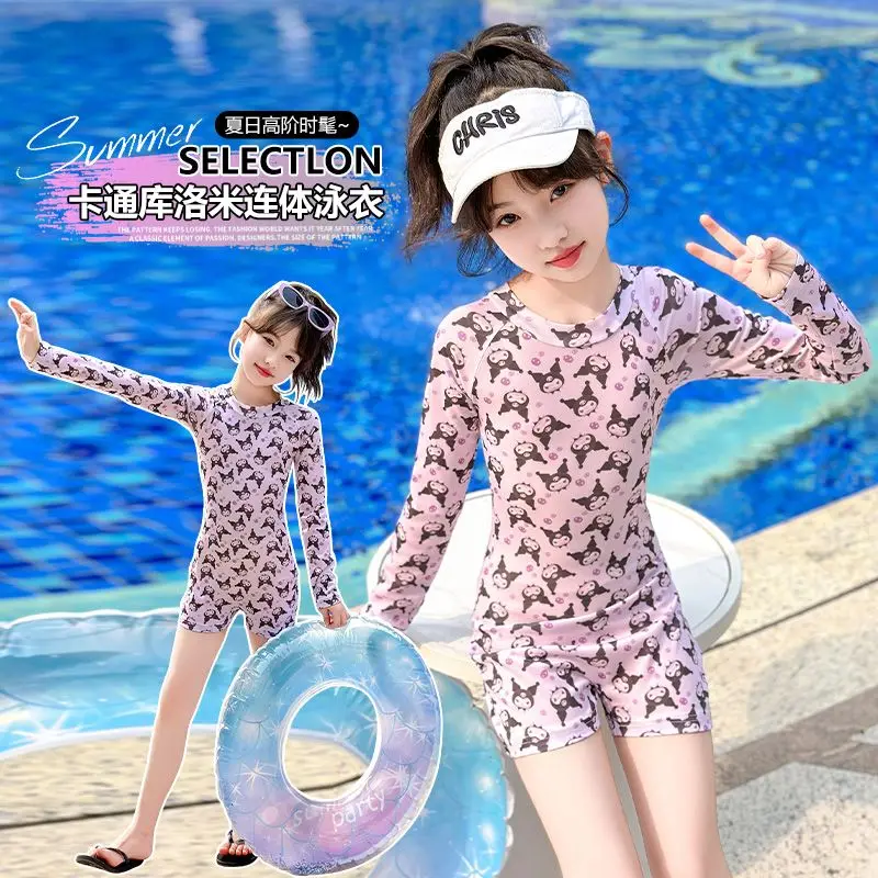 Cartoon Cinnamoroll Swimsuit Kawaii My Melody Kuromi Long Sleeve Swimwear Sunscreen Summer Girl Beach Vacation Bikini Quick Dry