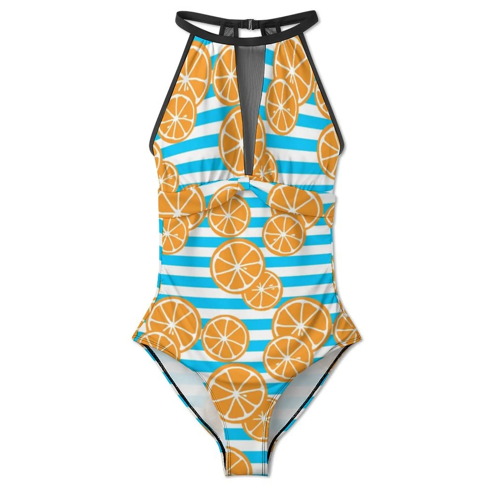 Oranges Slices Swimsuit White and Blue Stripes Swimwear One-Piece Holiday Bodysuit High Cut Monokini Ladies Push Up Beach Outfit