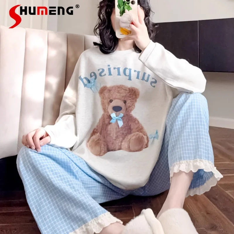 

Cute Spring Autumn New Pajamas for Ladies Pure Cotton Long Sleeve Sleep Set Women Wearable Outside Loose Casual Homewear