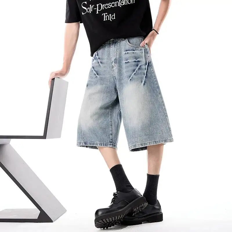 LUZHEN 2026 Summer Tie-dyed Pattern Denim Cropped Trousers Men's Fashion Original Gradient Washed Straight Jeans Shorts JY7191