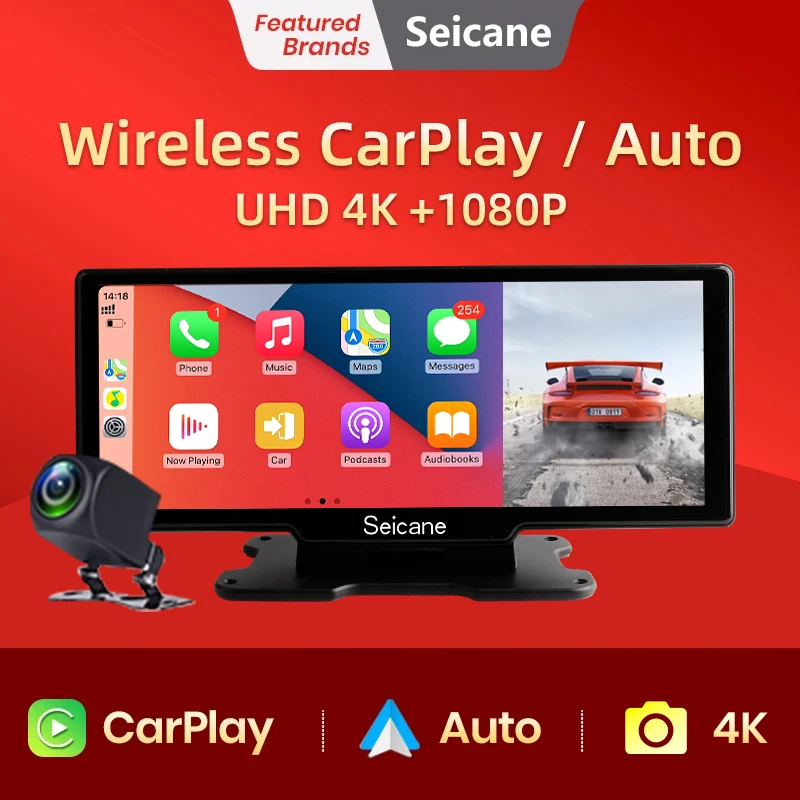 Seicane 10,26-calowa kamera cofania Carplay i Android Auto Smart Player z sterowaniem głosowym Rejestrator samochodowy BT FM Mirror Monitor