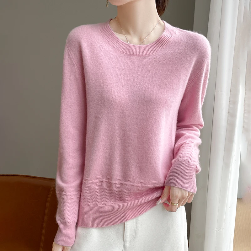 Новый универсальный вязаный свитер с волнистым подолом и круглым вырезом из 100% чистой шерсти, однотонный зимний трикотаж для поездок на работу