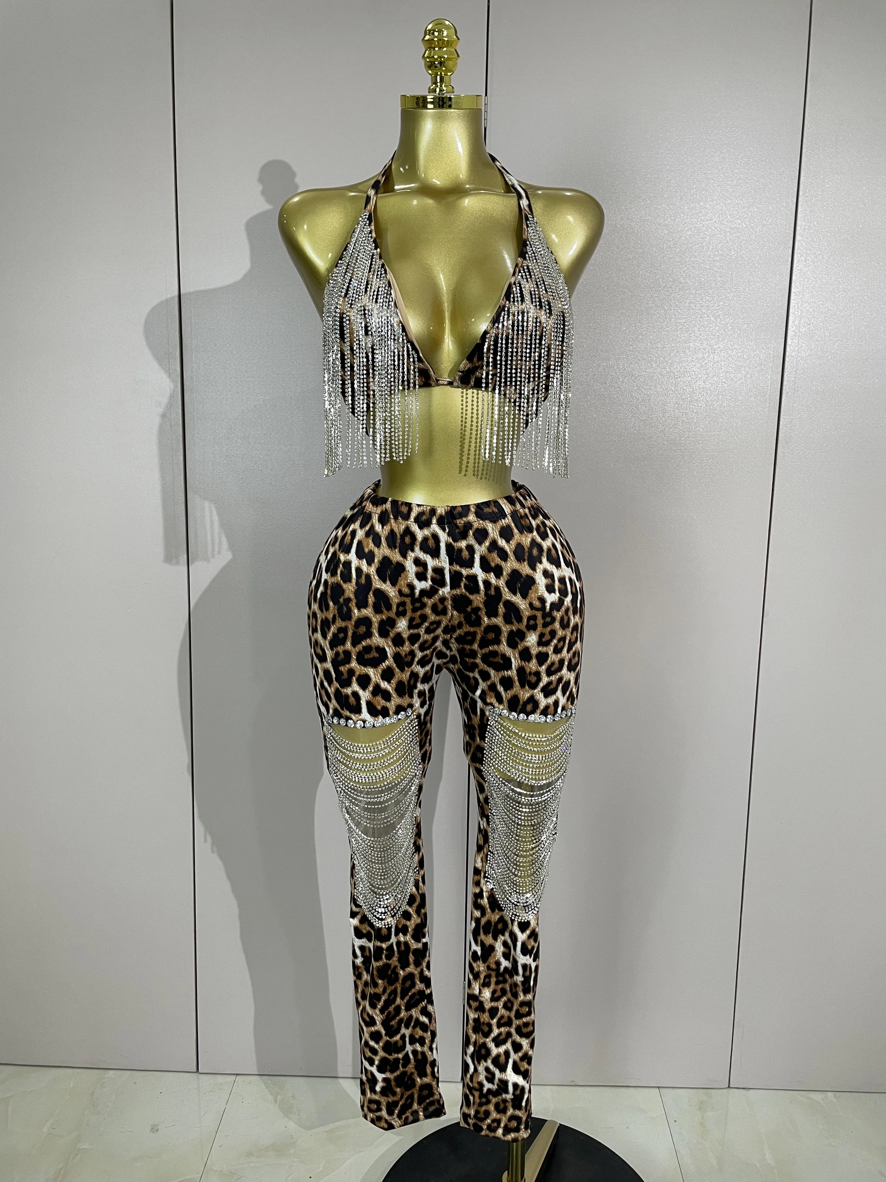 Sparkly Rhinestones Chains Leopard Print Bikini Top Pants Two Pieces Set Sexy Eveing Party Birthday Nightclub Dancer Stage Wear