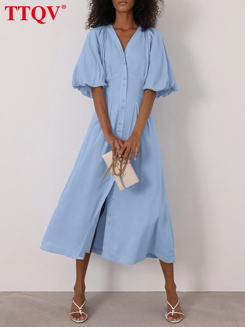 

TTQV Summer Loose Blue Women's Dress 2025 Fashion V-Neck Puff Sleeve Midi Dresses Elegant Classic Slit Solid Female Dress