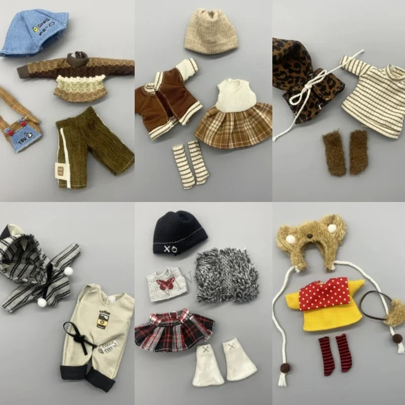(Only Clothes) 16-17cm Doll Outfits Set - Knit Hat + Casual Top + Striped Pants | Cute Stylish Clothes for 1/8 1/12 BJD Dolls