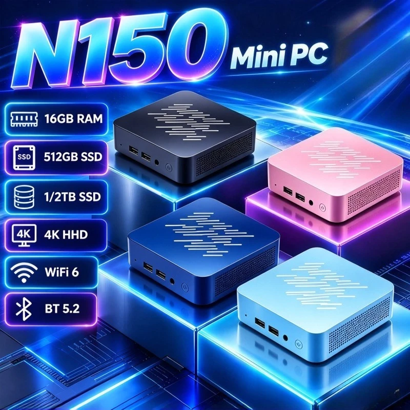 Mini PC Intel Core N150 for Home Office, New Low Power Mini Host, 16GB RAM, Large SSD, WiFi 6 Bluetooth 5.2, 4K HD Video Output