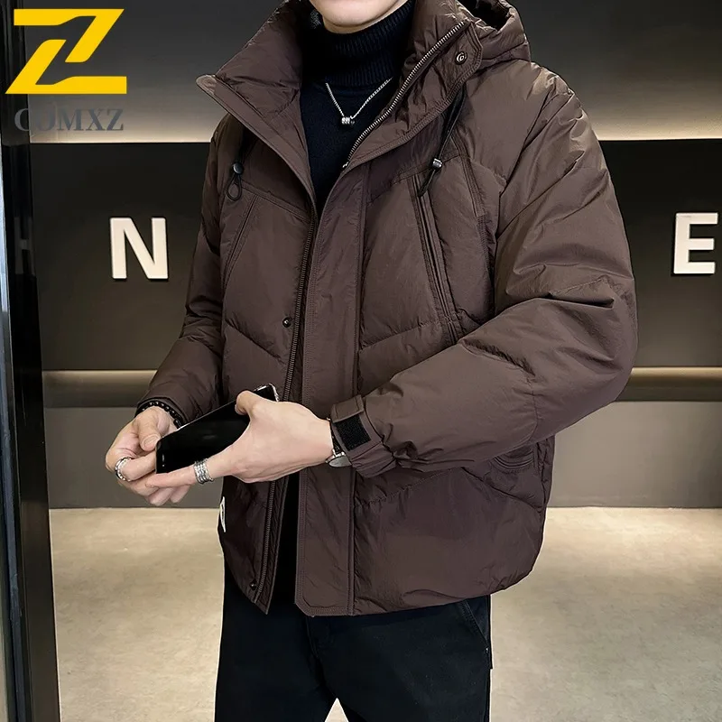 COMXZ New Men Short Hooded Down Jacket Puffer American style solid color Coat Top Waterproof Windproof outdoor sports Coat 2025