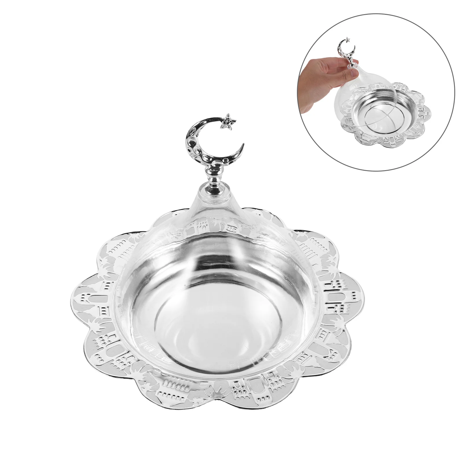 

Серебряная подставка для торта, десерта, лунная звезда, дизайн, крышка купола для Рамадана, поднос для вечеринки, сохранение свежести, Ид Мубарак