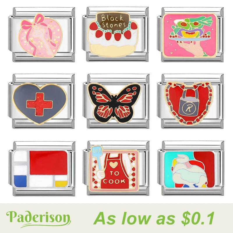 Paderison Fashion Love Apron Colored Plaid Guitar Cake Italian Charm Links Fit 9mm Bracelet Stainless Steel DIY Jewelry Making