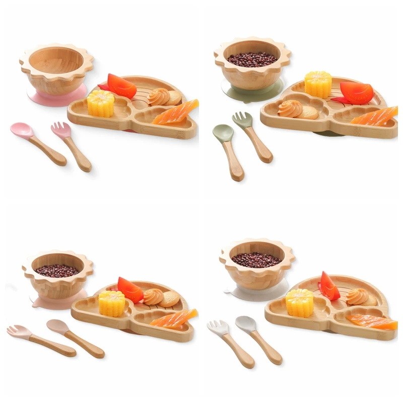 Baby Bamboo Wooden Plate Infant Dishes Children Silicone Suction Plate Feeding Bowl Dishes Spoon Fork Set Kid Tablewares Gift