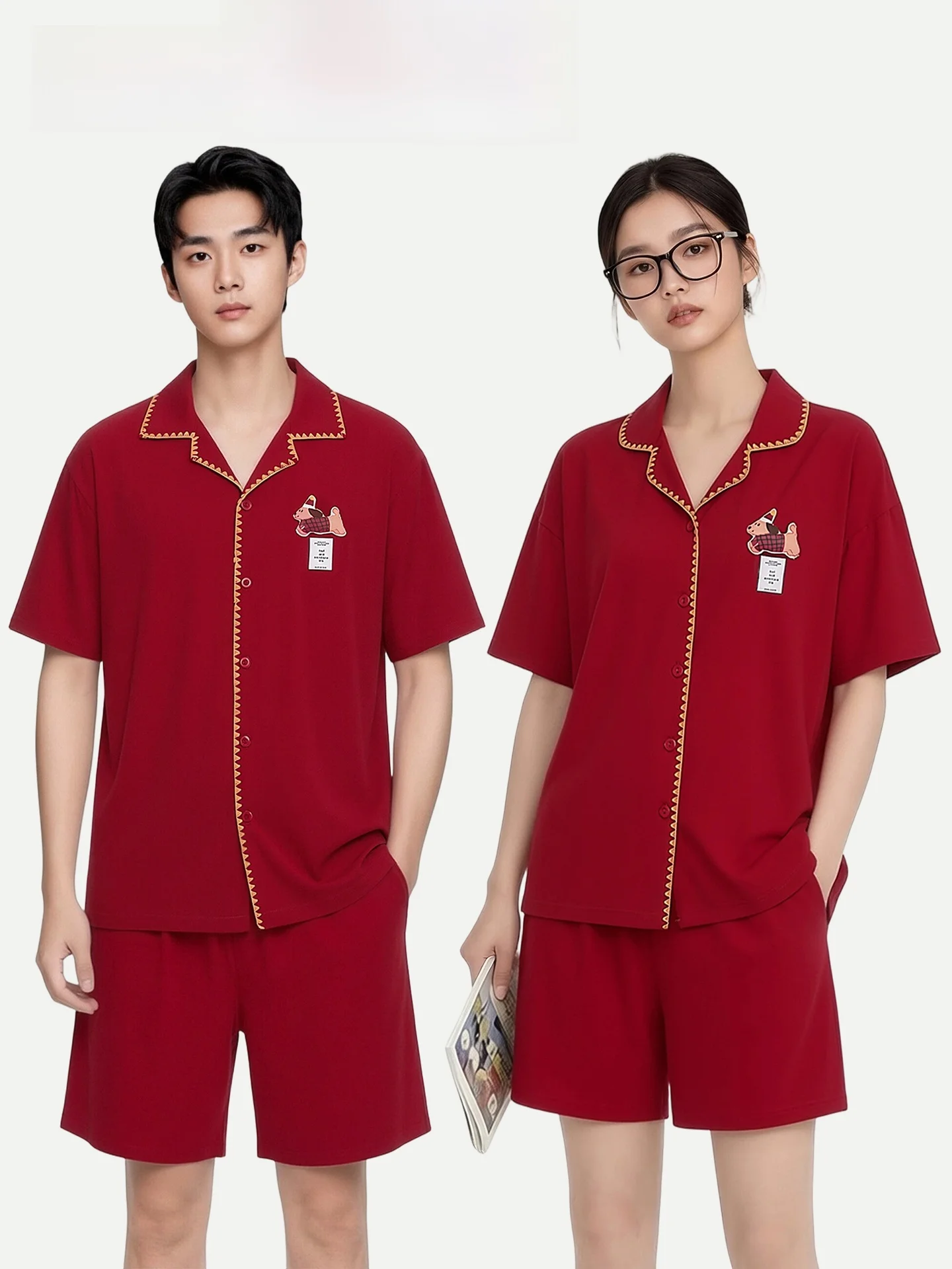 PinkBread Red Cotton Pajamas Short Sleeve Women's Summer Sleepwear Couple's Home Clothes Soft Breathable Moisture Wicking
