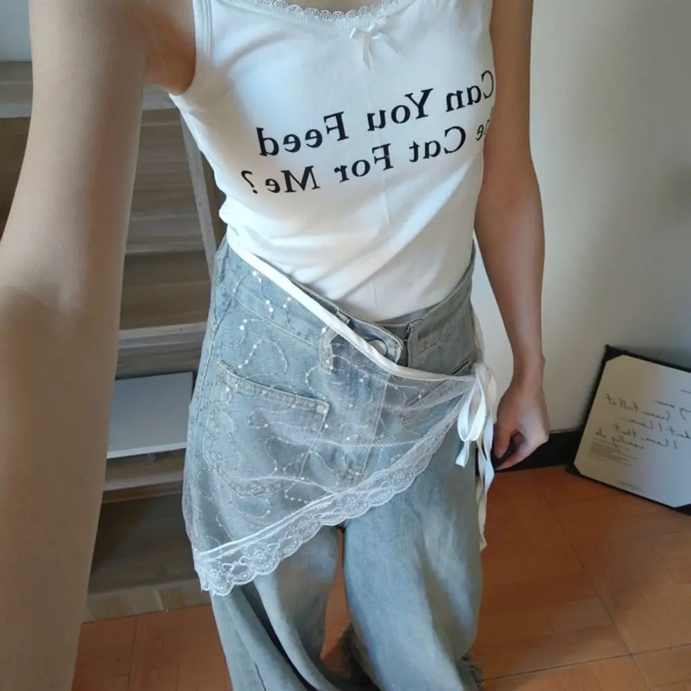 Rok Mini renda gaya Korea modis rok setengah payet kasa segitiga gaun ikat pinggang tipis sabuk Jeans gadis pedas