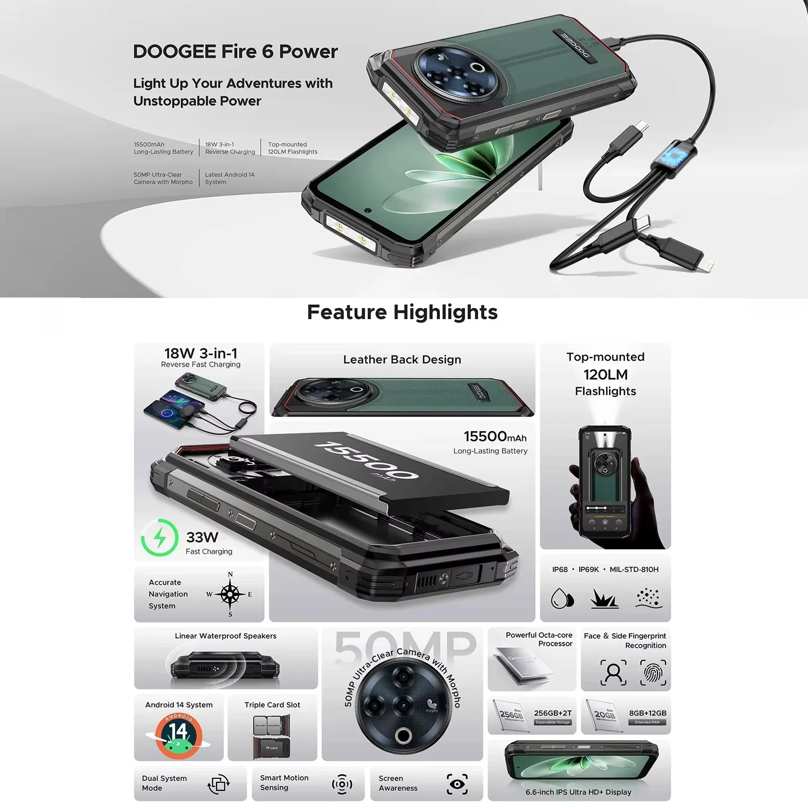 DOOGEE Fire 6 Power 4G Smartphone resistente Android 14 pantalla de 6,56 "90Hz, 8GB + 256GB 15500mAh 50MP cámara extrafluor T606 NFC teléfono