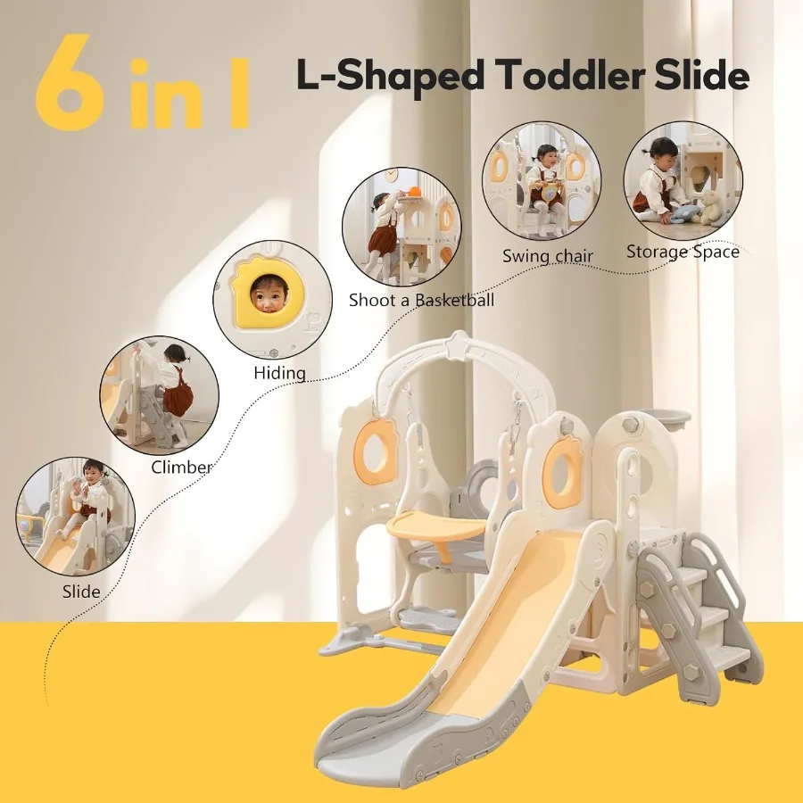 Tobogán independiente para niños pequeños con columpio, tobogán interior 6 en 1 para niños pequeños, tobogán en forma de 13 L con aro de baloncesto, tobogán para bebés