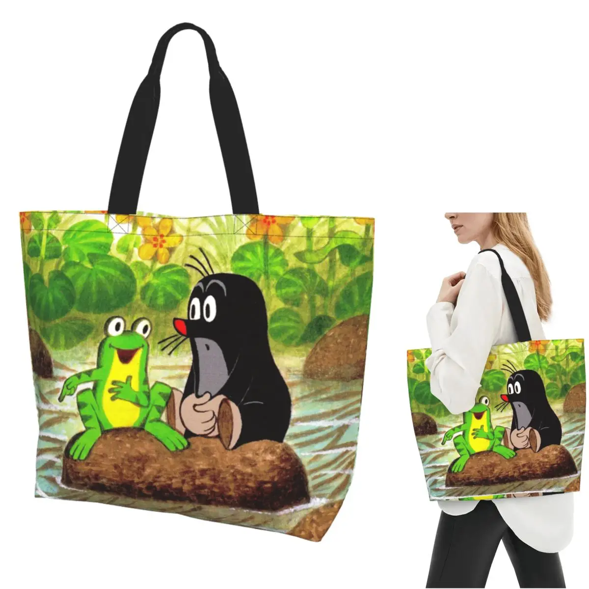 Mole Happy Krtek Shopping Tote Bag Canvas Large Capacity Shoulder Bags Shopper Grocery Handbag for Women