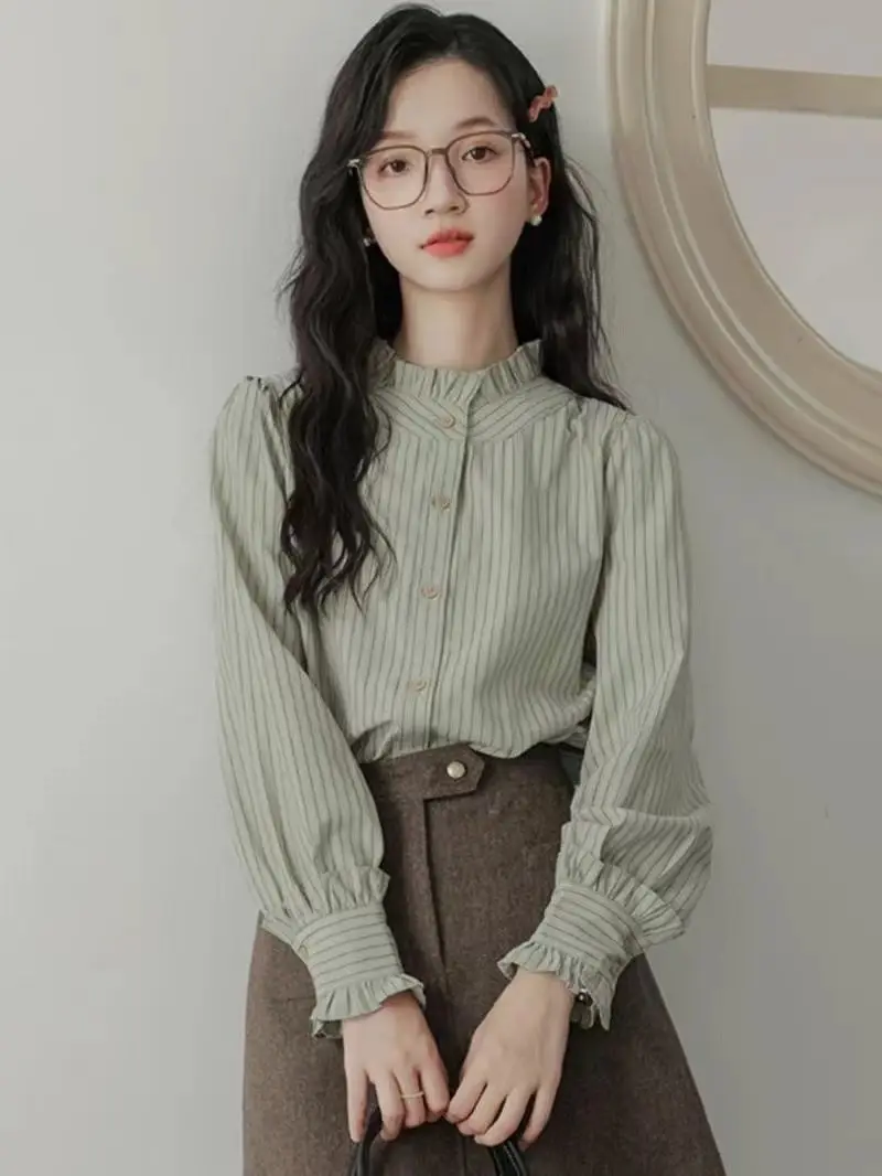 

Long Sleeve Shirts Womens Satin Ruffled Slim Fit Elegant Feminine Romantic Gentle Minimalist Vacation Spring Daily Office Casual