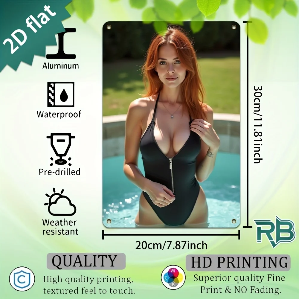 Retro Black Zipper One Piece Swimsuit Red Hair Lady Metal Tin Sign Pool Villa Wall Decor Plaque