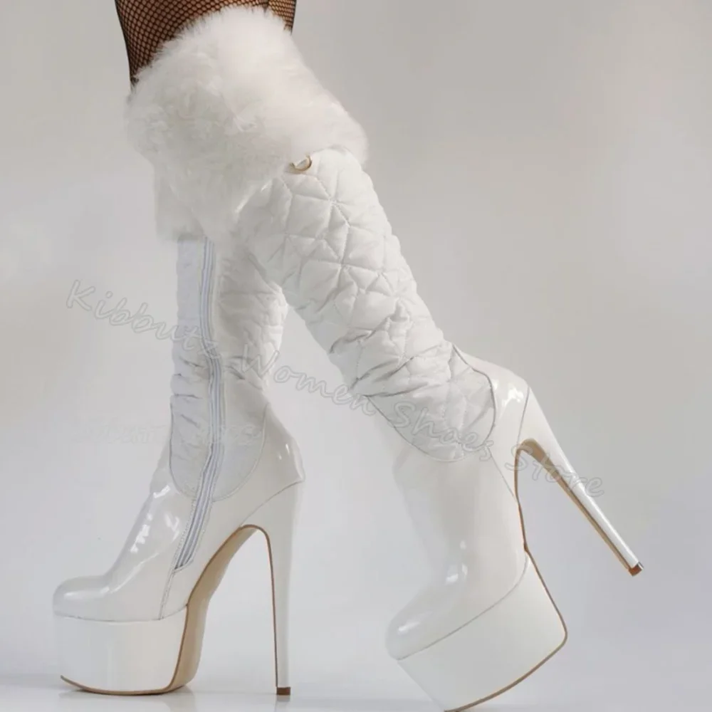 Fur Knee High Boots Platform Warm Winter Women Shoes Pointed Toe Side Zipper Thin Heels Elegant Fashion Concise Novelty Newest